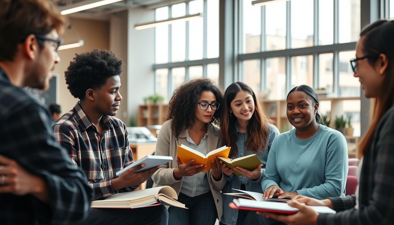 Students studying together in modern classroom