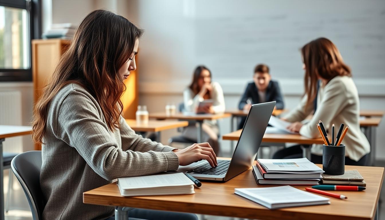 Student using a study guide to organize academic notes